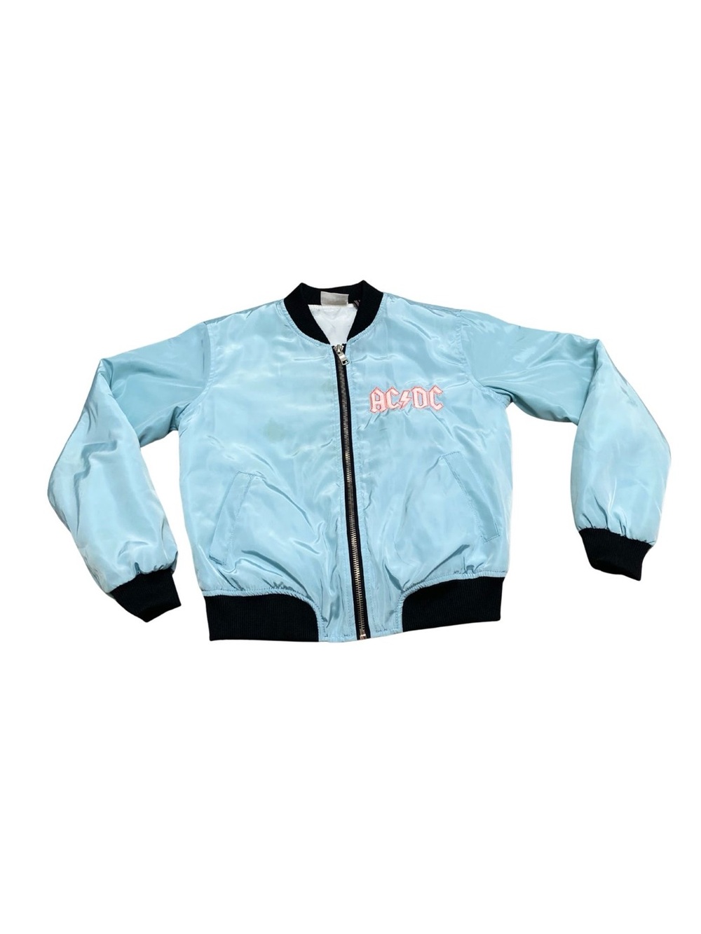 Little Girl 7/8 ACDC Music Rock Band Bomber Jacket Aqua Blue Long Sleeve Coat